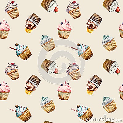 Watercolor cupcake seamless pattern Vector Illustration