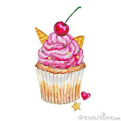 Watercolor cupcake. Watercolor cherry cupcake. Cartoon Illustration