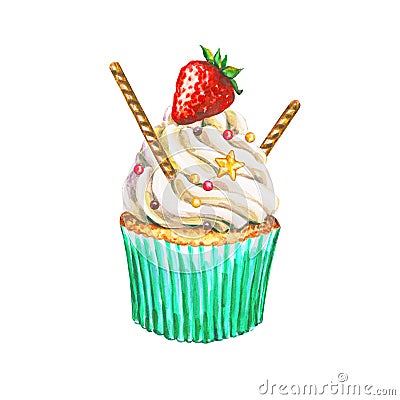 Watercolor cupcake. Watercolor strawberry cupcake. Cartoon Illustration