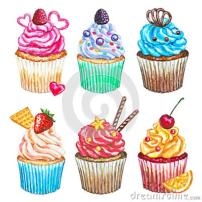 Watercolor cupcakes collection. Watercolor cupcakes set Cartoon Illustration