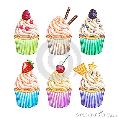 Watercolor cupcakes collection. Watercolor cupcakes set Cartoon Illustration