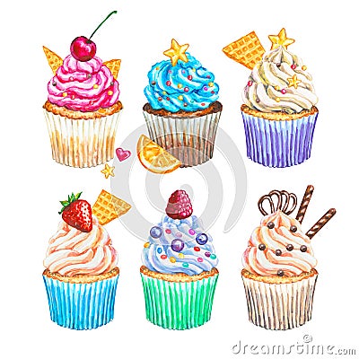 Watercolor cupcakes collection. Watercolor cupcakes set Cartoon Illustration