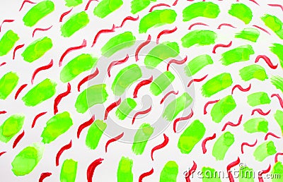 Watercolor curved short brush strokes made by hand, wave and curls diagonally green and red summer background on white background Stock Photo