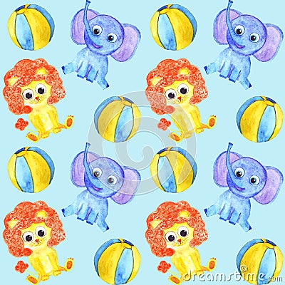 Watercolor cute animals elephant, lion and balls seamless pattern Stock Photo