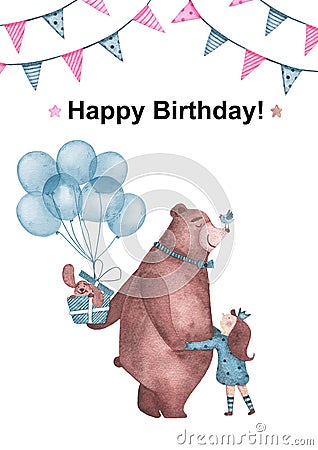 Watercolor cute bear hugs girl and congratulating with happy birthday Cartoon Illustration