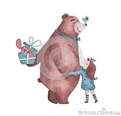 Watercolor cute bear hugs girl and congratulating her with happy birthday Cartoon Illustration