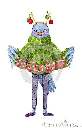 Watercolor cute bird with Christmas knitted ugly sweater Stock Photo