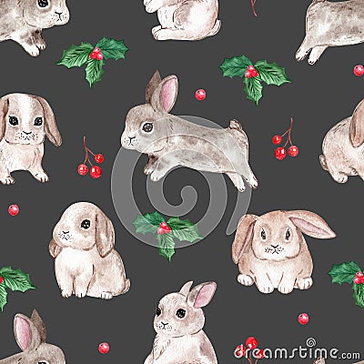 Watercolor cute bunnies seamless pattern on black background. Christmas Rabbits print Stock Photo
