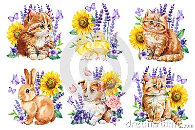 Watercolor cute bunny, kitten, chicken, puppy and flowers, butterflies on a white background, floral postcard animal Cartoon Illustration