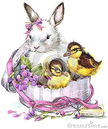 Watercolor cute bunny and little bird, gift and flowers background Stock Photo