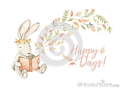 Watercolor cute bunny read book with floral wreath and flowers and branches everywhere. Happy days. Baby character. Children room Vector Illustration