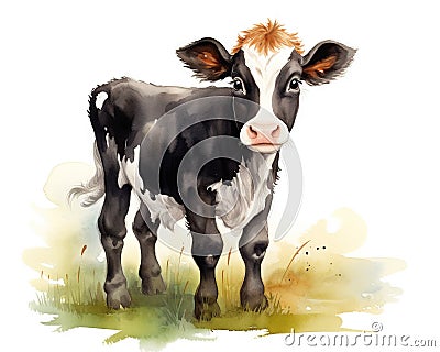watercolor of a cute calf. Cartoon Illustration