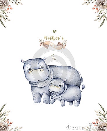 Watercolor cute cartoon illustration with cute mommy hippo and baby flower leaves. Mother and baby illustration design. Tropical Cartoon Illustration