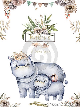 Watercolor cute cartoon illustration with cute mommy hippo and baby flower leaves. Mother and baby illustration design. Tropical Cartoon Illustration