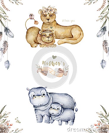 Watercolor cute cartoon illustration with cute mommy hippo and baby, koala flower leaves. Mother and baby illustration design. Cartoon Illustration