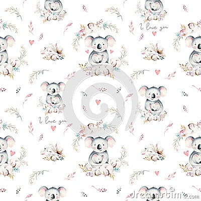 Watercolor cute cartoon little baby and mom koala with floral wreath seamless pattern. tropical fabric background Stock Photo