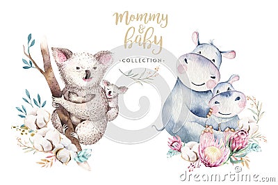 Watercolor cute cartoon little baby and mom koala with hippo floral wreath. Isolated tropical illustration. Mother and Cartoon Illustration