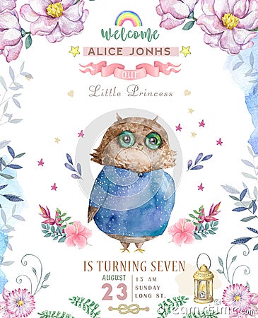 Watercolor cute Cartoon Owl. Cute baby greeting card. Boho flowers and floral bouquets Happy Birthday set. Watercolor greeting Stock Photo