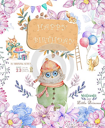 Watercolor cute Cartoon Owl. Cute baby greeting card. Boho flowers and floral bouquets Happy Birthday set. Watercolor greeting Stock Photo