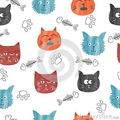 Watercolor cute cats seamless pattern. Vector Illustration