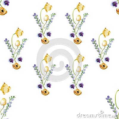 Watercolor Cute Delicate Romantic Flowers Seamless Fabric Pattern Digital Paper Royal Purple Orange Stock Photo