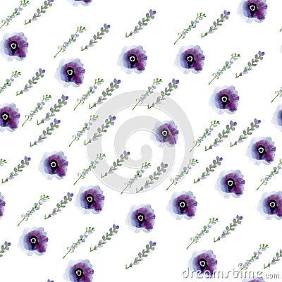 Watercolor Cute Delicate Romantic Flowers Seamless Fabric Pattern Digital Paper Royal Purple Orange Stock Photo