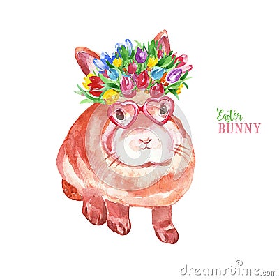 Watercolor cute Easter bunny. Hand painted small rabbit in flower crown and sunglasses, isolated on white background. Baby animal Stock Photo