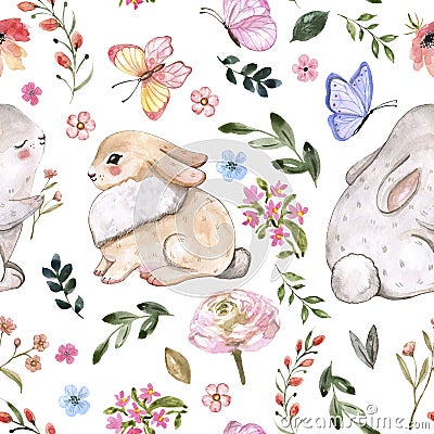 Watercolor cute Easter bunny seamless pattern.Hand drawn baby rabbits, bright spring flowers on white background. Nursery design Cartoon Illustration