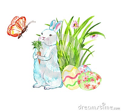 Watercolor cute easter rabbit with carrot standing near colored eggs end green grass. hand painted cartoon baby bunny Stock Photo