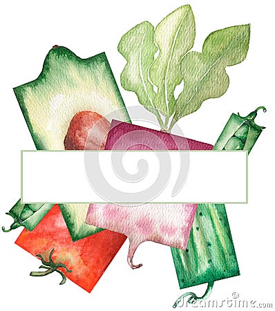 Watercolor cute garden vegetables frame, harvest illustration, avocado, cucumber, tomato, peas, raddish and cucumber clipart Cartoon Illustration