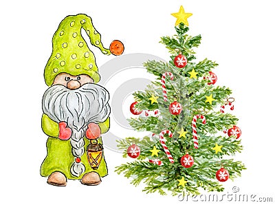 Watercolor Cute Gnome with Christmas Tree. Little gnome in funny hat with flashlight. Holidays elf for New year greetings card or Stock Photo