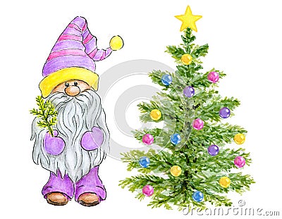 Watercolor Cute Gnome with Christmas Tree. Little Gnome in funny hat with spruce. Holidays elf for New year greetings card or Stock Photo