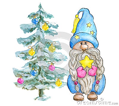 Watercolor Cute Gnome with Christmas Tree. Little Gnome in funny hat with star. Holidays elf for New year greetings card or Stock Photo