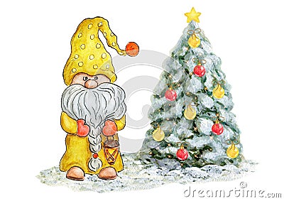 Watercolor Cute Gnome with Christmas Tree. Little gnome in funny hat with flashlight. Holidays dwarf for New year greetings card Stock Photo