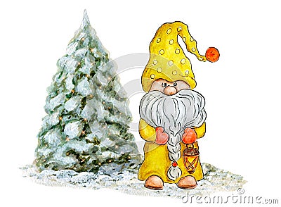 Watercolor Cute Gnome with Christmas Tree. Little gnome in funny hat with flashlight. Holidays dwarf for New year greetings card Stock Photo