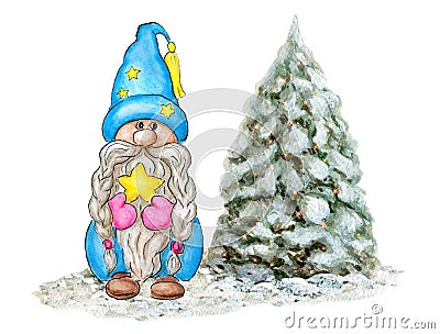 Watercolor Cute Gnome with snowy Christmas Tree. Little Gnome in funny hat with star. Holidays dwarf for New year greetings card Stock Photo