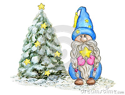 Watercolor Cute Gnome with snowy Christmas Tree. Little Gnome in funny hat with star. Holidays dwarf for New year greetings card Stock Photo