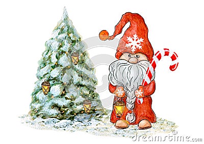 Watercolor Cute Gnome with Christmas Tree. Little gnome in funny hat with candy cane and flashlight. Holidays dwarf for New year Stock Photo