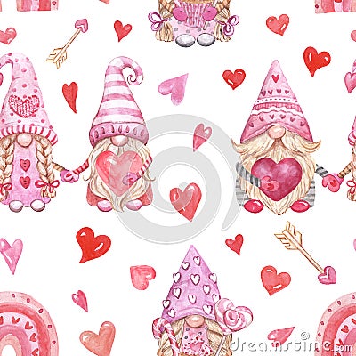 Watercolor cute gnomes seamless pattern. Valentines day themed design. Hand drawn Nordic gnome print. Pastel pink color palette. Stock Photo