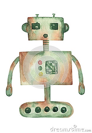 Watercolor Cute Green Robot clipart, Machine, Cartoon clip art, Kids Toy illustration, baby shower Cartoon Illustration