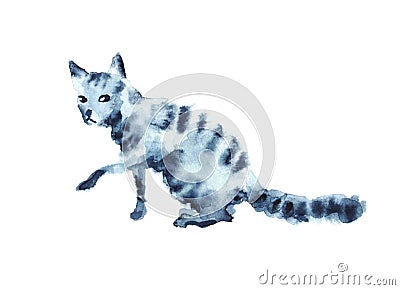 Watercolor cute grey tabby cat on white. Cartoon Illustration