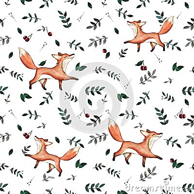 Watercolor cute hand drawn seamless pattern. Wild forest animals. Cheerful fox Stock Photo
