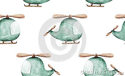 Watercolor cute helicopter pattern. Kids toy cartoon copter background Stock Photo