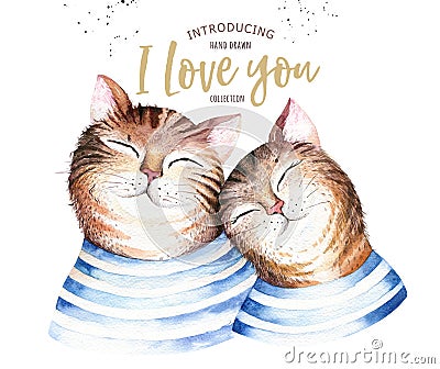 Watercolor cute isolated cat ilustration. Love cartoon cats character for valentine`s card. Nursary art design. Stock Photo