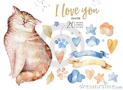 Watercolor cute isolated cat ilustration. Love cartoon cats character for valentine`s card. Nursary art design. Stock Photo