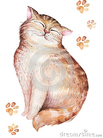 Watercolor cute isolated cat ilustration. Love cartoon cats character for valentine`s card. Nursary art design. Stock Photo