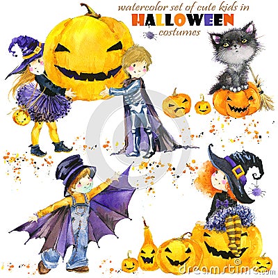 Watercolor cute kids in colorful halloween costumes. Happy Halloween. Stock Photo