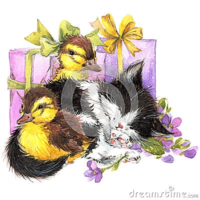 Watercolor Cute kitten and little bird, gift and flowers background Stock Photo