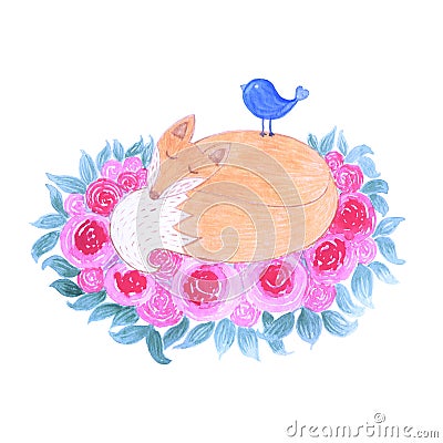 Watercolor cute little fox sleeping in forest surrounded by flowers and leaves Cartoon Illustration