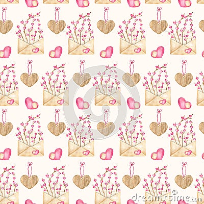 Watercolor cute love seamless pattern. Hand drawn Valentine's day background with craft envelope, wood branches Stock Photo